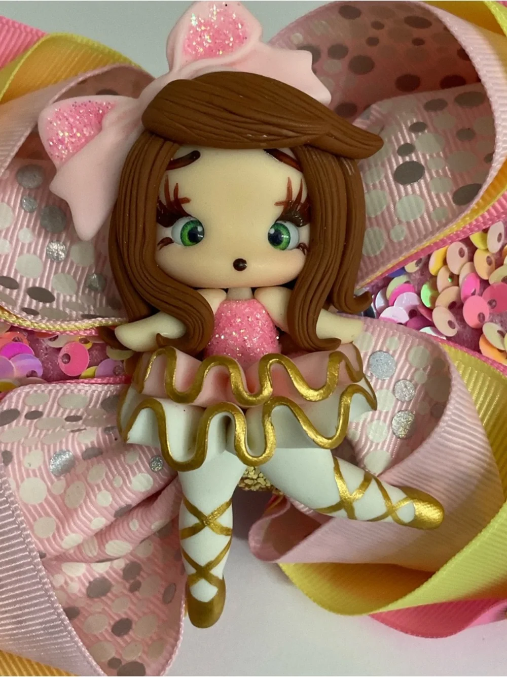 Girls Big Bow Clay Doll Ballerina Barrette Clip Handmade